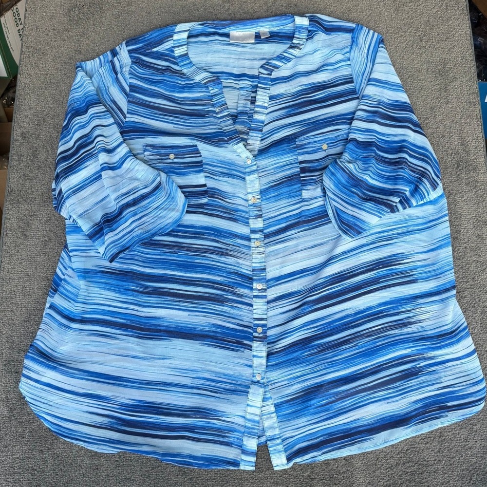 Avenue Blue Abstract Stripe Button Up Blouse 3/4 Roll Tab Sleeve Plus Size 26/28